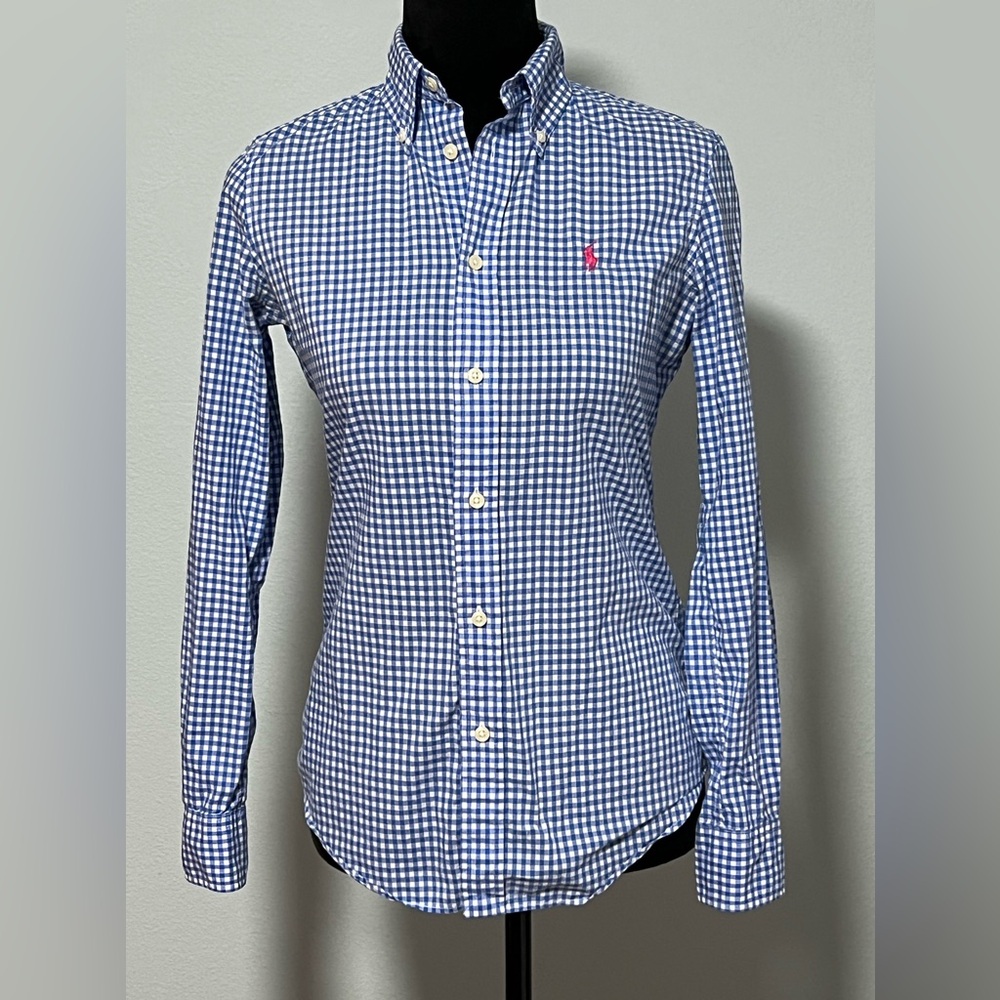 Ralph Lauren Blue and White Checkered Button Down Shirt